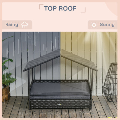 PawHut Extendable Elevated Dog Bed, Rattan Dog House w/ Water-Resistant Roof, Removable Cushion - Grey 