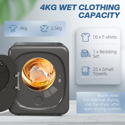 HOMCOM 4kg Vented Tumble Dryer with Deodorize, Smart Mode, 800W Compact Tumble Dryer with Stainless Steel Tub, Front Load, for Flat, Home, RVs, Grey 
