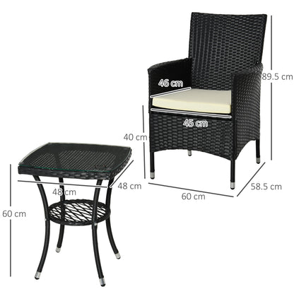 Outsunny 3 Pieces Rattan Bistro Set, Wicker Garden Furniture Set with 2-Tier Coffee Table and Chairs, Cushions, for Outdoor Patio Balcony, Black 