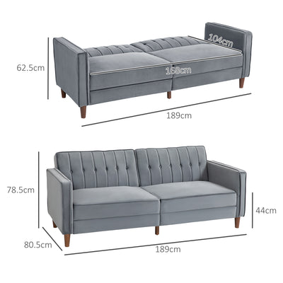 HOMCOM Velvet-Feel Three-Seater Sofa Bed - Dark Grey 