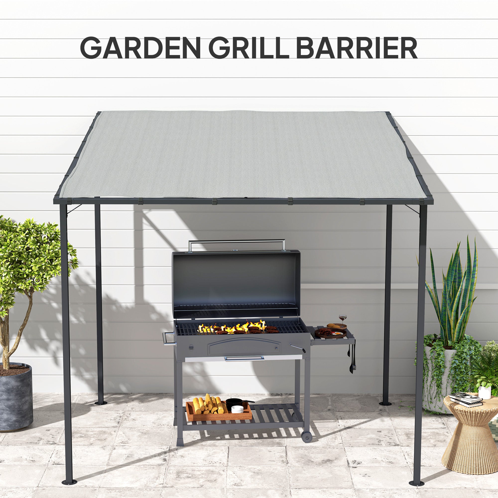 Outsunny 2.4 x 2.4 m Wall Mounted Pergola Gazebo with PA Coating Fabric, Metal Frame, UPF30+, Lean to Garden Gazebo, Light Grey 