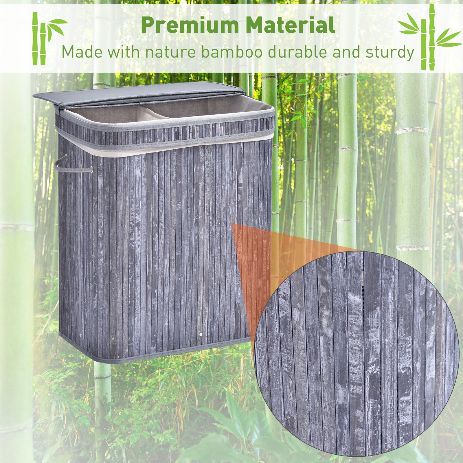 HOMCOM 100L Wooden Laundry Basket w/ Split Compartment Lid Removable Lining Handles Air Holes Ventilation Foldable Durable Water-Resistant Dirty Clothes Storage Home Organisation Grey 