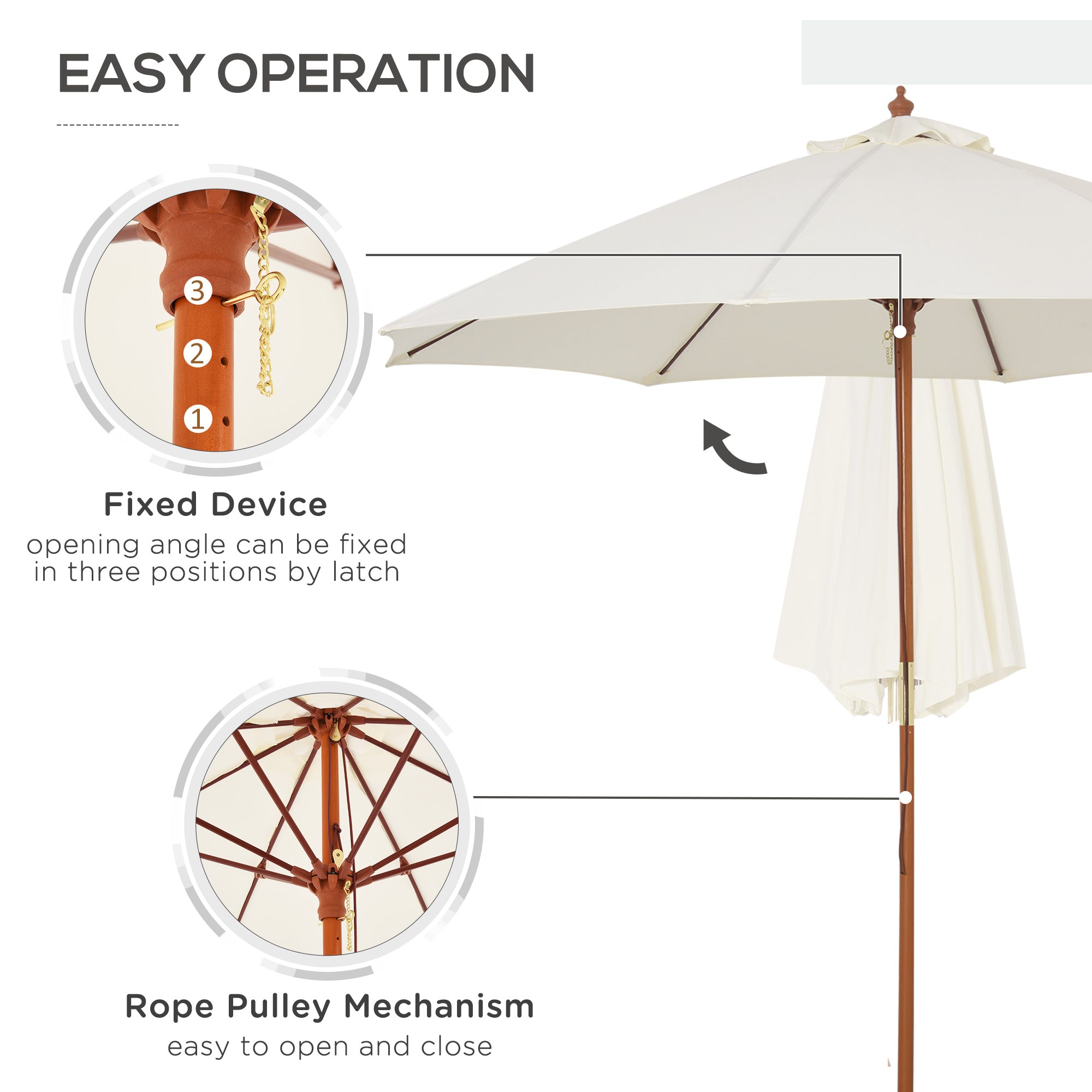 Outsunny 2.5m Garden Parasol Umbrella, Outdoor Market Table Umbrella with Wooden Pole & 8 Fibre Glass Ribs, Round Sun Shade Canopy, Off-White 