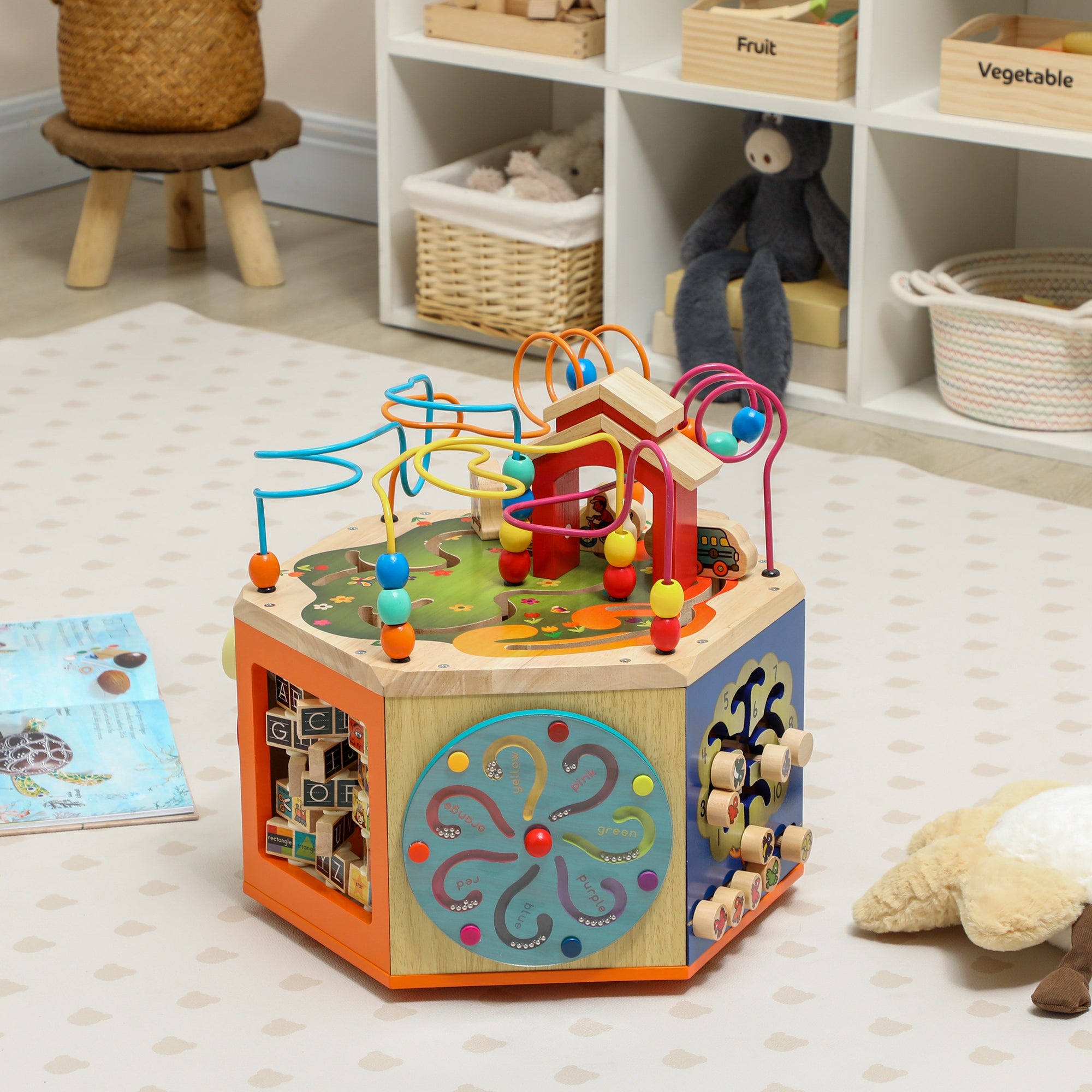 AIYAPLAY 8 in 1 Wooden Activity Cube with Bead Maze, Shape Sorter, for Kids Boys Girls 18+ Months 