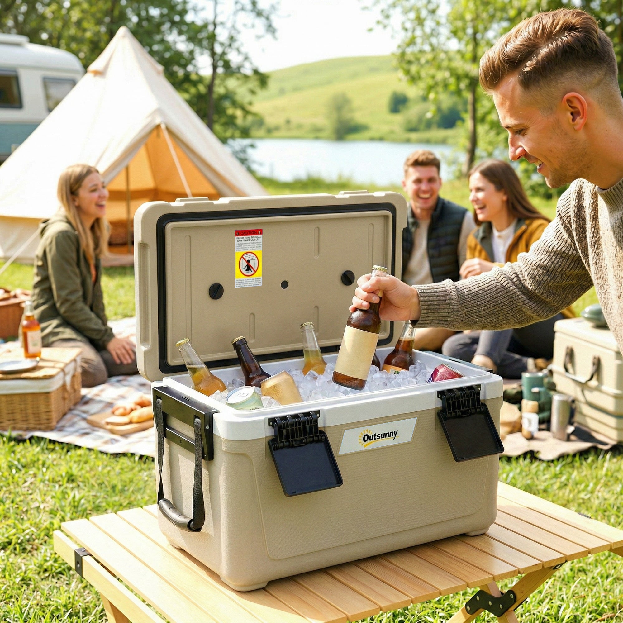 Outsunny 42.6L Insulated Cool Box, Lightweight Portable Ice Cooler with Handle, Lid and Drain Valve, Khaki 
