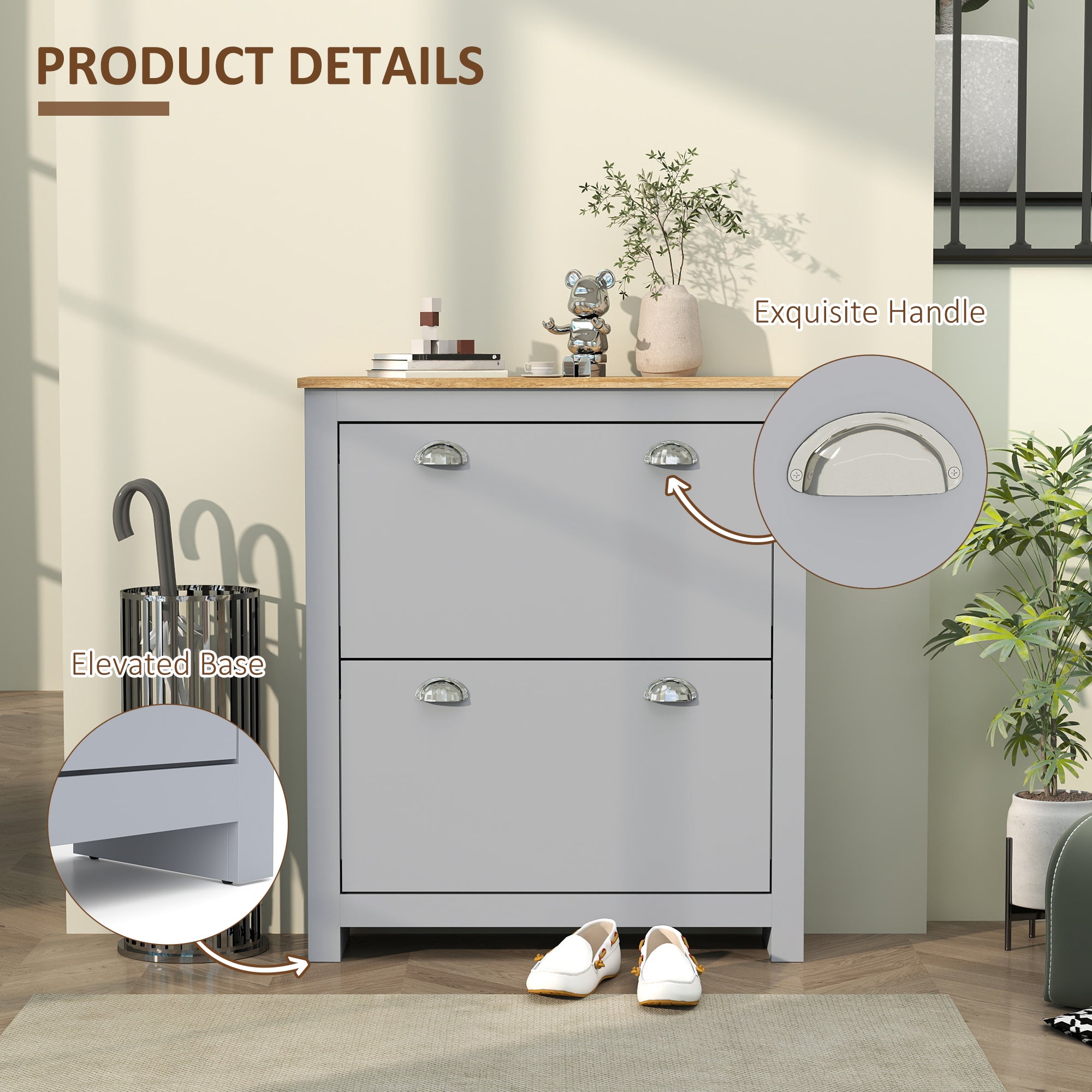 HOMCOM 2 Drawer Shoe Cabinet Modern Narrow Shoe Cupboard Hallway Wooden Storage Organiser with Flip Doors Adjustable Shelf for 6-12 Pairs, Grey