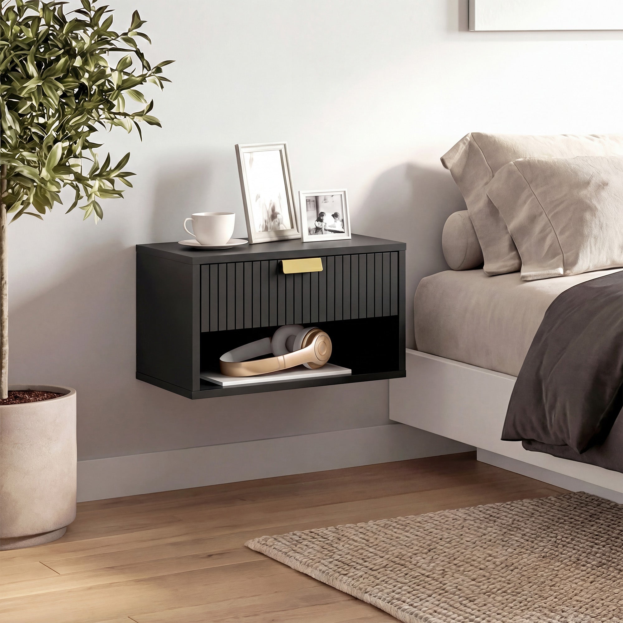 HOMCOM Set of 2 Wall Mounted Nightstands, Floating Bedside Tables with Fluted Drawer and Open Shelf for Small Bedroom, Black 