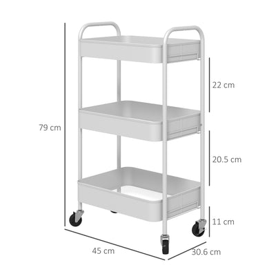 HOMCOM Three-Tier Steel Storage Trolley - White 