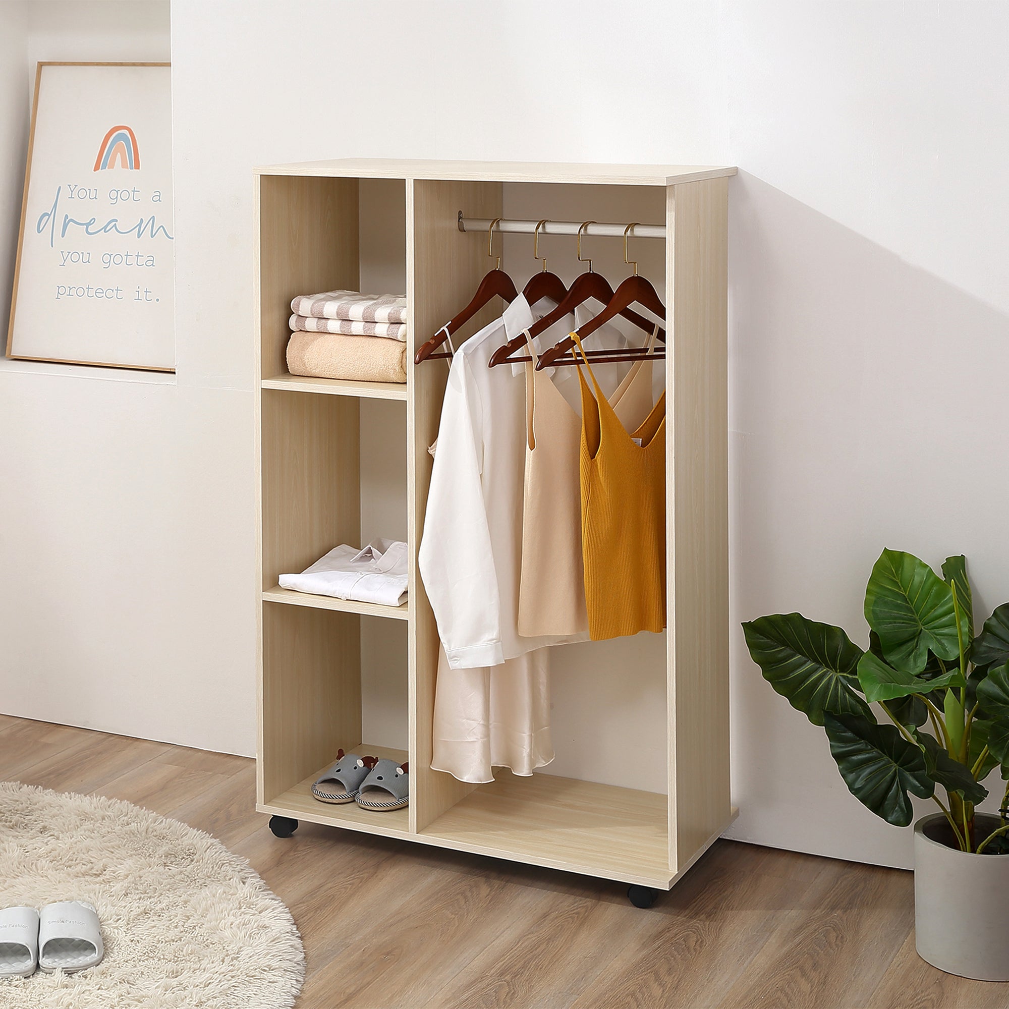 HOMCOM Open Wardrobe on Wheels, Bedroom Wardrobe with Clothes Hanging Rail, 3 Storage Shelves, Mobile Garment Rack for Cloakroom, Hallway, Maple Wood-Effect 