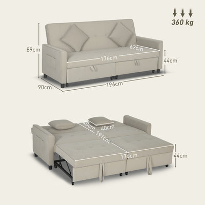 HOMCOM Three-Person Velvet-Feel Sofa Bed - Beige 