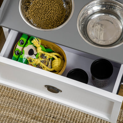 PawHut Stainless Steel Raised Dog Bowls, with 21L Storage Drawer for Large Dogs and Cats - White 