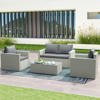 Outsunny 4 Piece Rattan Garden Furniture Set, 4 Seater Wicker Outdoor Sofa Set with 2 Armchairs, Loveseat, Acacia Wood Top Coffee Table, Cushions, Patio Conservatory Set for Balcony, Light Grey 