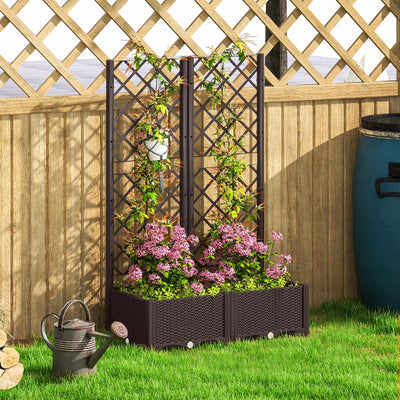 Outsunny Raised Garden Bed with Trellis, Plastic Planter Box with Drainage Holes and Drain Plugs for Climbing Plants, Vegetables, Flowers, Brown 
