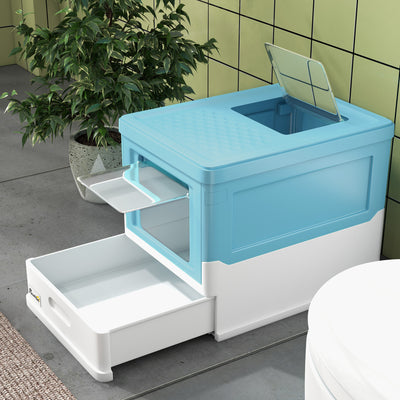 PawHut Hooded Cat Litter Box, Portable Pet Toilet, with Scoop, Front Entry - Light Blue 