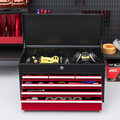 HOMCOM Steel Six Drawer Tool Storage Carry Chest, with Lock and Keys - Red 