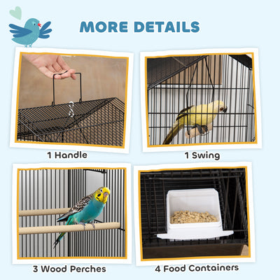 PawHut Metal Bird Cage with Plastic Swing, Perch, Food Container, Tray, Handle, for Finches, Canaries, 43 x 32.5 x 104cm 