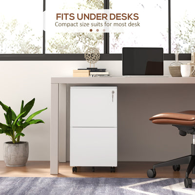 Vinsetto 2-Drawer Vertical Filing Cabinet with Lock and 5 Wheels, Steel Mobile File Cabinet, for A4, Legal and Letter Size, Pre-Assembled Body, White 