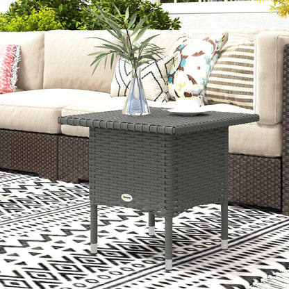 Outsunny Rattan Side Table, Outdoor Coffee Table with Plastic Board Under the Full Woven Table Top for Patio, Garden, Balcony, Grey 