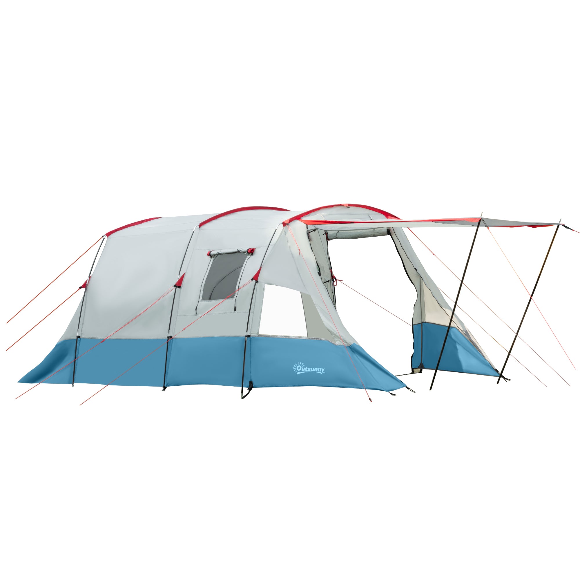 Outsunny 6-8 Person Tunnel Tent, Camping Tent with Bedroom, Living Room, Sewn-in Floor, 3 Doors and Carry Bag, 2000mm Water Column for Fishing, Hiking, Sports, and Traveling, Blue 
