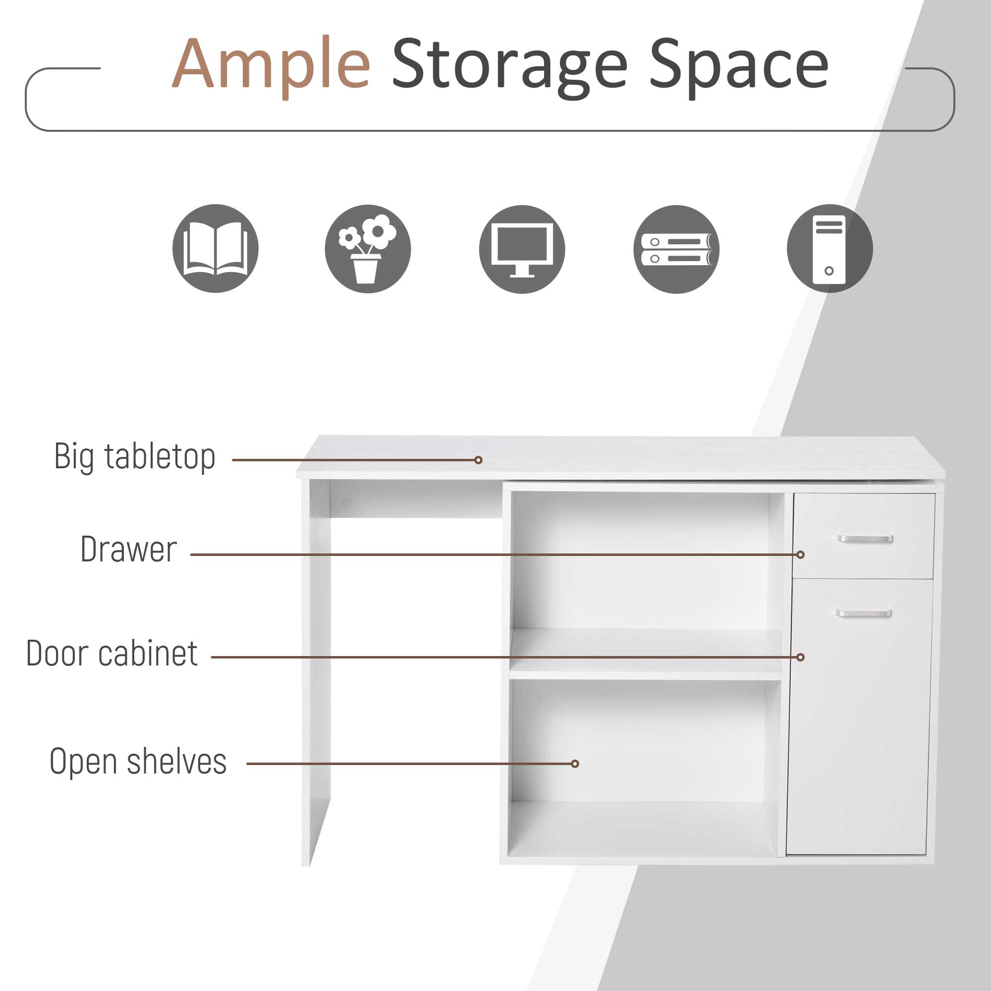 HOMCOM L-Shaped Desk, Corner Computer Desk, Adjustable Study Table with Storage Shelf, Drawer and Cabinet, Workstation for Home Office, White Wood Grain 