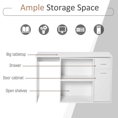 HOMCOM L-Shaped Desk, Corner Computer Desk, Adjustable Study Table with Storage Shelf, Drawer and Cabinet, Workstation for Home Office, White Wood Grain 