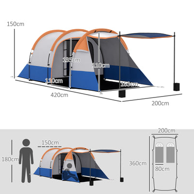 Outsunny Camping Tent, Large Tunnel Tent with Bedroom and Living Area, 2000mm Waterproof, Portable with Bag for 2-3 Man, Orange 