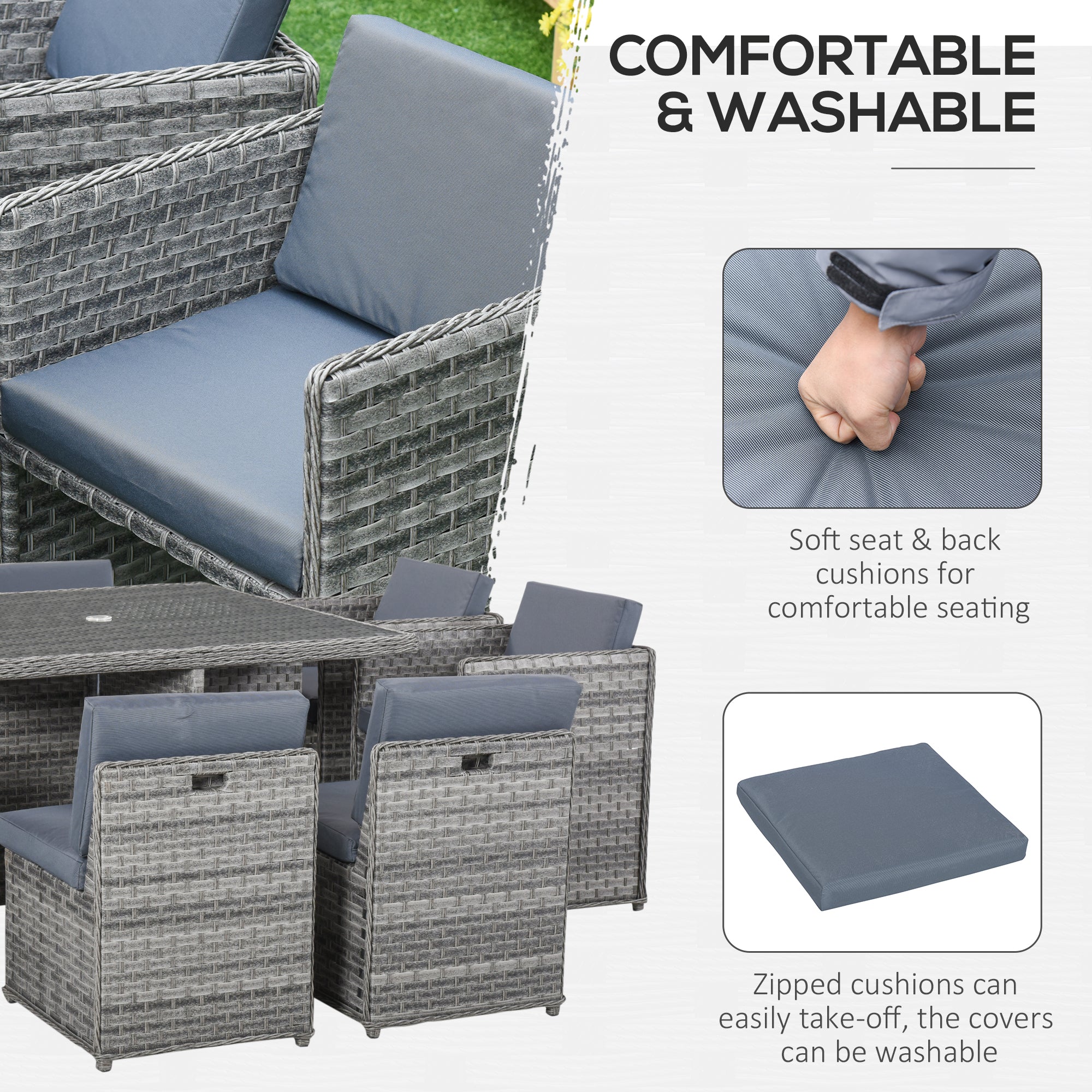 Outsunny 8 Seater Rattan Cube Garden Furniture Set with Parasol Hole, Rattan Dining Set with Cushions, Outdoor Dining Table and Chairs with Square Glass Top Table for Patio, Balcony, Mixed Grey 