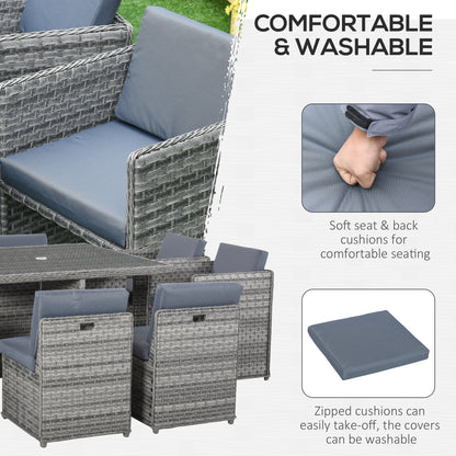 Outsunny 8 Seater Rattan Cube Garden Furniture Set with Parasol Hole, Rattan Dining Set with Cushions, Outdoor Dining Table and Chairs with Square Glass Top Table for Patio, Balcony, Mixed Grey 