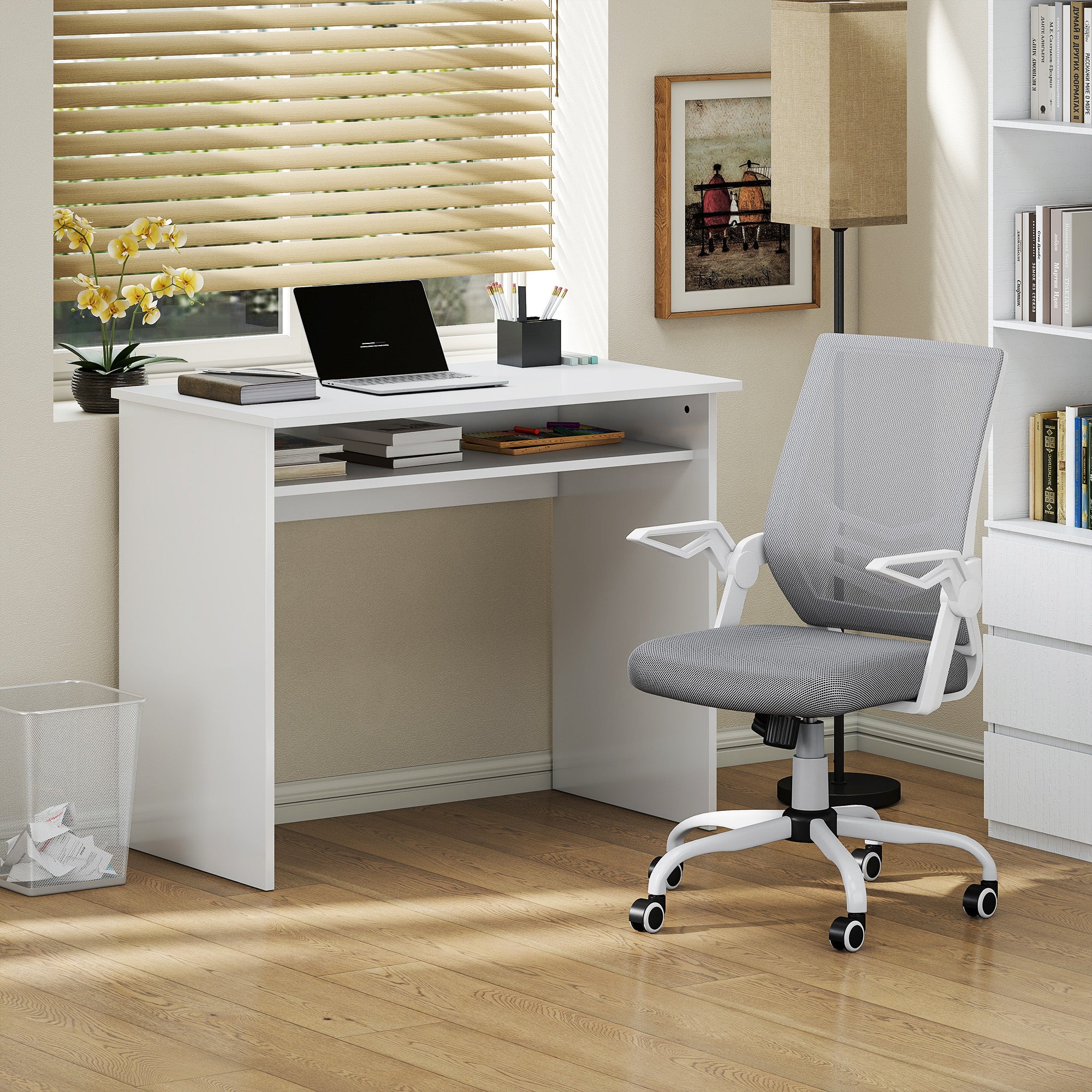 HOMCOM Home Office Furniture Set, Modern Computer Desk with Storage Shelf and Ergonomic Mesh Chair with Flip-Up Arms, Lumbar Support, Adjustable Height, Swivel Wheels, White and Grey 
