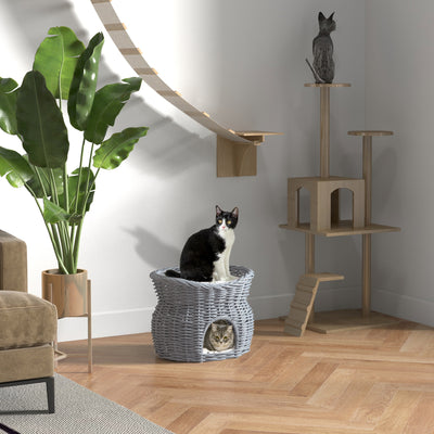 PawHut 2-Tier Wicker Cat House Elevated Pet Bed Basket Willow Kitten Tower Pet Den. with Washable Cushions 56x37x40cm Grey 