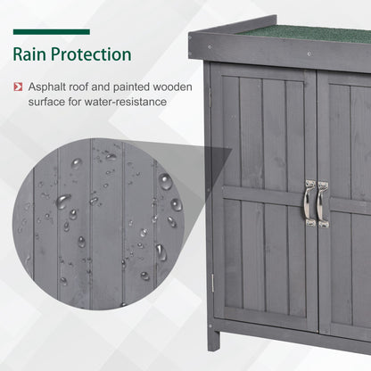 Outsunny Wooden Garden Storage Shed with Hinged Roof and Shelves, Outdoor Storage Cabinet Chest, Double Doors, 74 x 43 x 88cm, Grey 