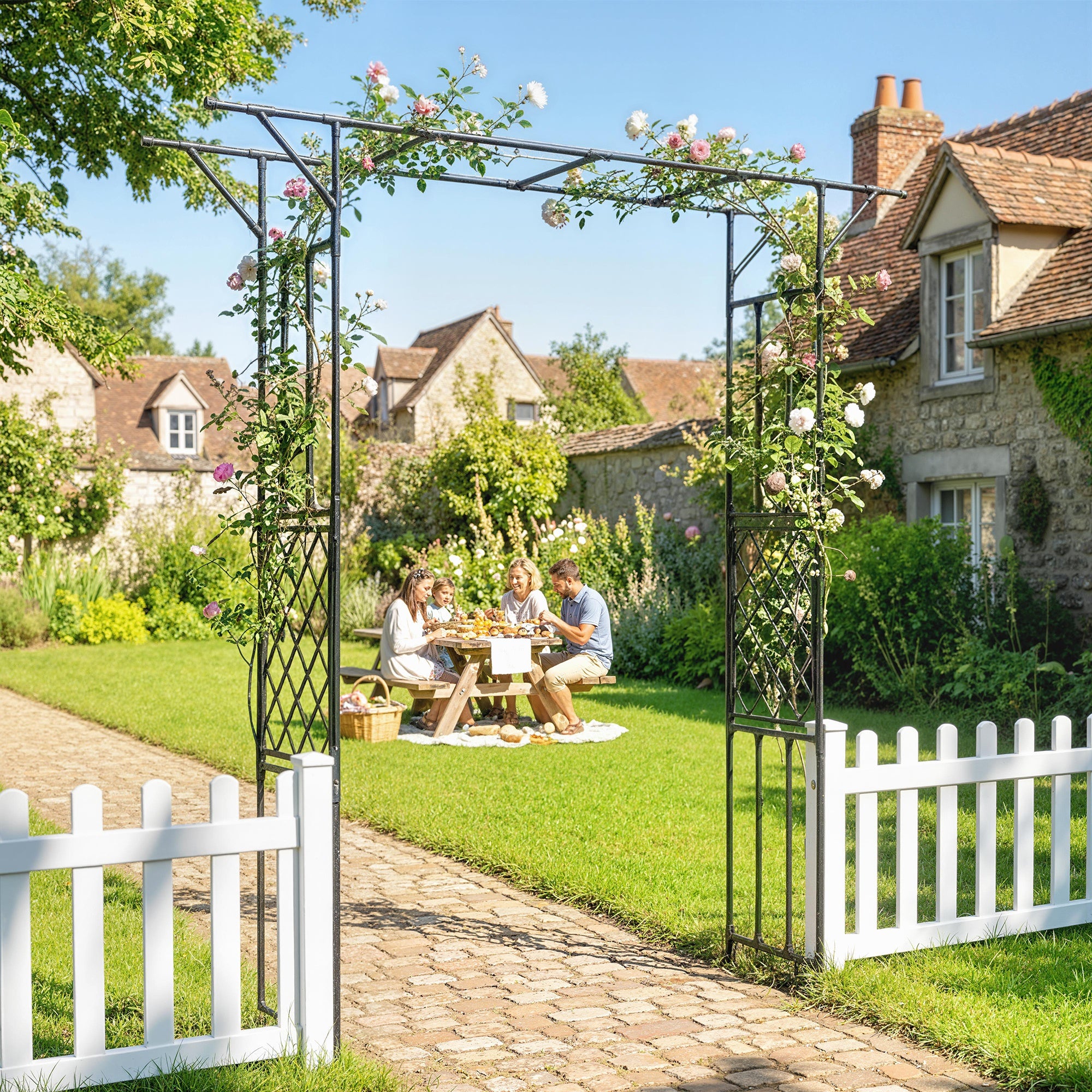 Outsunny Garden Arch, PE-Coated Steel Arbour Trellis for Climbing Plants, Rose Arch, 180 x 40 x 215 cm, Black 