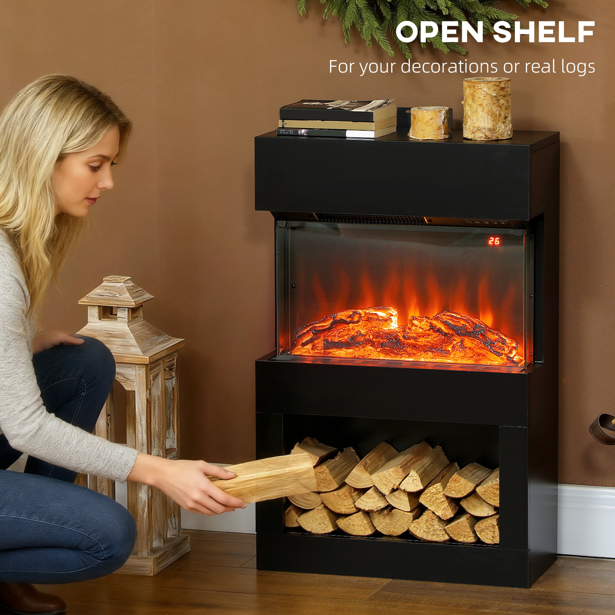 HOMCOM 19" Electric Fireplace with Surround, 3D Flame Effect, 6 Colours & 3 Brightness Levels, 1000W/2000W Black Electric Fire and Mantel Reach up to 30㎡ Space with Remote & Timer, 3 Sided View 