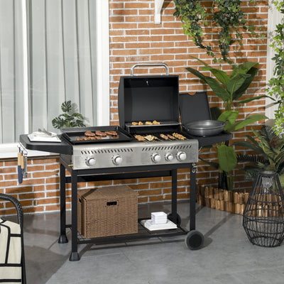 Outsunny 15kW Deluxe Duo Gas BBQ, with Grill, Plancha and Side Burner - Black 