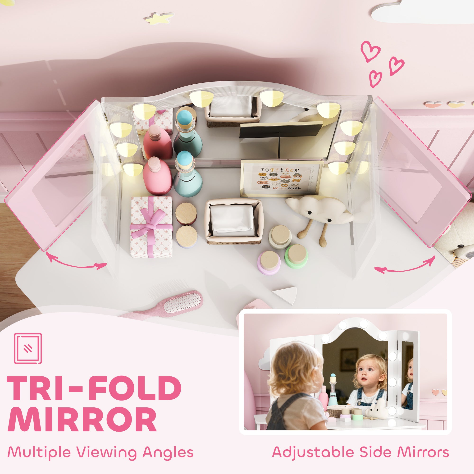AIYAPLAY Kids Dressing Table and Stool Set, Girls Vanity Table with 2-Colour LED Lights, Tri-Folding Mirror, White 
