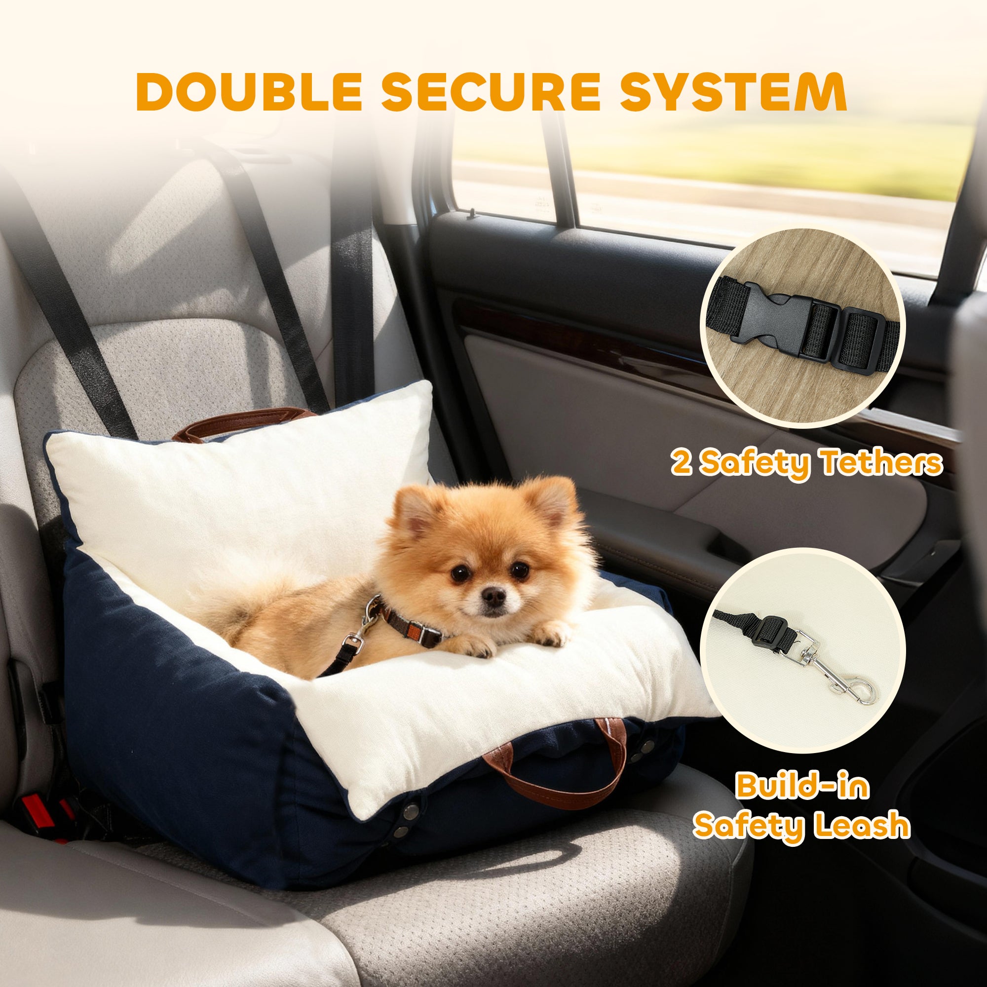 PawHut Dog Car Seat, Cosy Pet Car Booster Seat for Small Dog Under 5 KG, Portable Travel Bed with Safety Belts, Navy Blue 