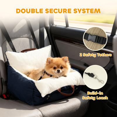 PawHut Dog Car Seat, Cosy Pet Car Booster Seat for Small Dog Under 5 KG, Portable Travel Bed with Safety Belts, Navy Blue 