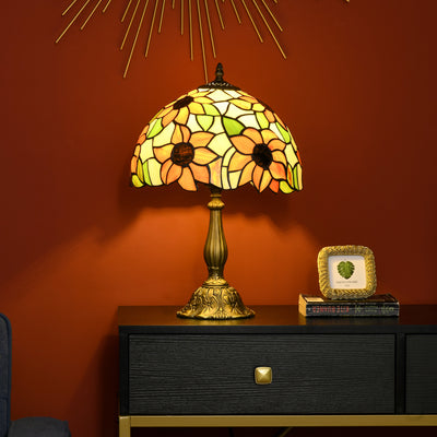 HOMCOM Stained Glass Table Lamp, Handmade Antique Bedside Lamp for Bedroom, Living room, Home, Nightstand, Decorative Night Light, Orange Sunflower 