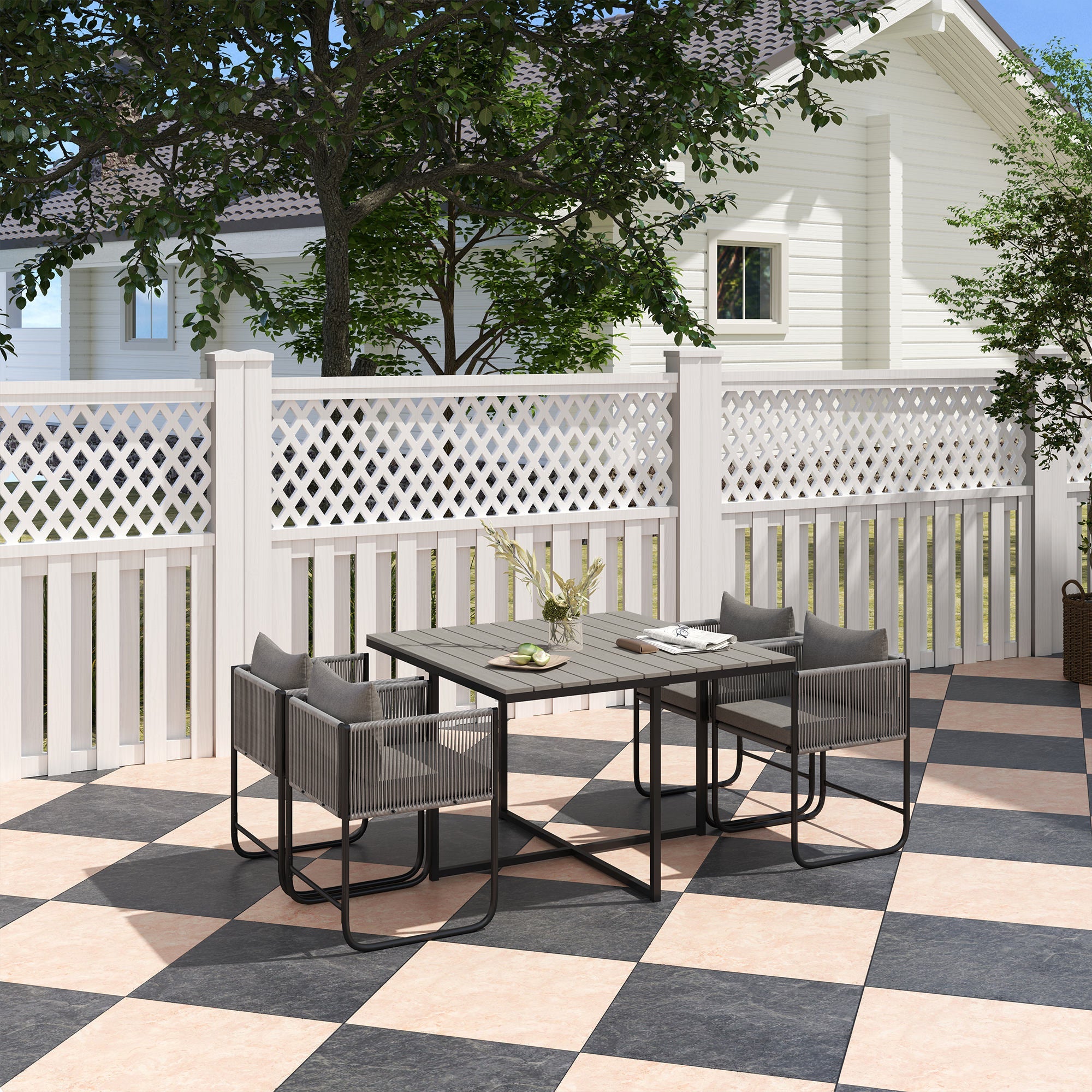 Outsunny 4 Seater Rattan Cube Garden Furniture Set, Rattan Dining Set with Cushions, Outdoor Dining Table and Chairs with Rectangular Wood Grain Plastic Top Table for Patio, Balcony, Grey 