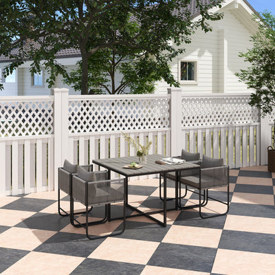 Outsunny 4 Seater Rattan Cube Garden Furniture Set, Rattan Dining Set with Cushions, Outdoor Dining Table and Chairs with Rectangular Wood Grain Plastic Top Table for Patio, Balcony, Grey 
