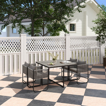 Outsunny 4 Seater Rattan Cube Garden Furniture Set, Rattan Dining Set with Cushions, Outdoor Dining Table and Chairs with Rectangular Wood Grain Plastic Top Table for Patio, Balcony, Grey 