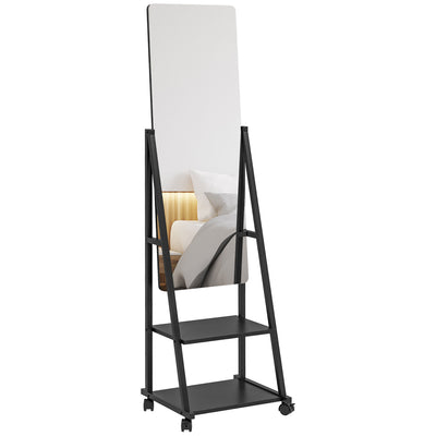 HOMCOM Free Standing Dressing Mirror, Rolling Full Length Mirror on Wheels with Adjustable Angle, Storage Shelves for Bedroom 