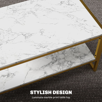 HOMCOM Coffee Table, Two-Tier Marble Centre Table with Metal Frame and Storage Shelf for Living Room, 106 x 50 x 45cm, White 