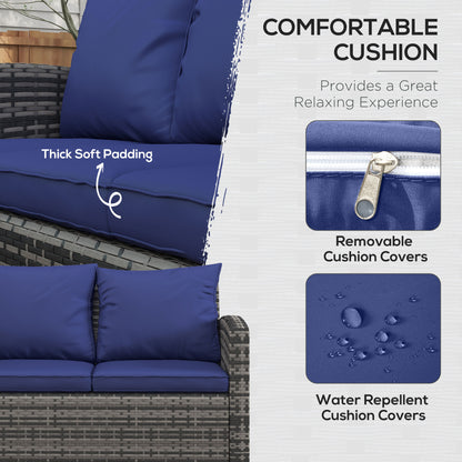 Outsunny 6 Pieces Rattan Garden Furniture Set, 7 Seater Wicker Outdoor Furniture Set with Storage Tea Table & Side Table, Sectional Garden Sofa Set with Cushions, Navy Blue 