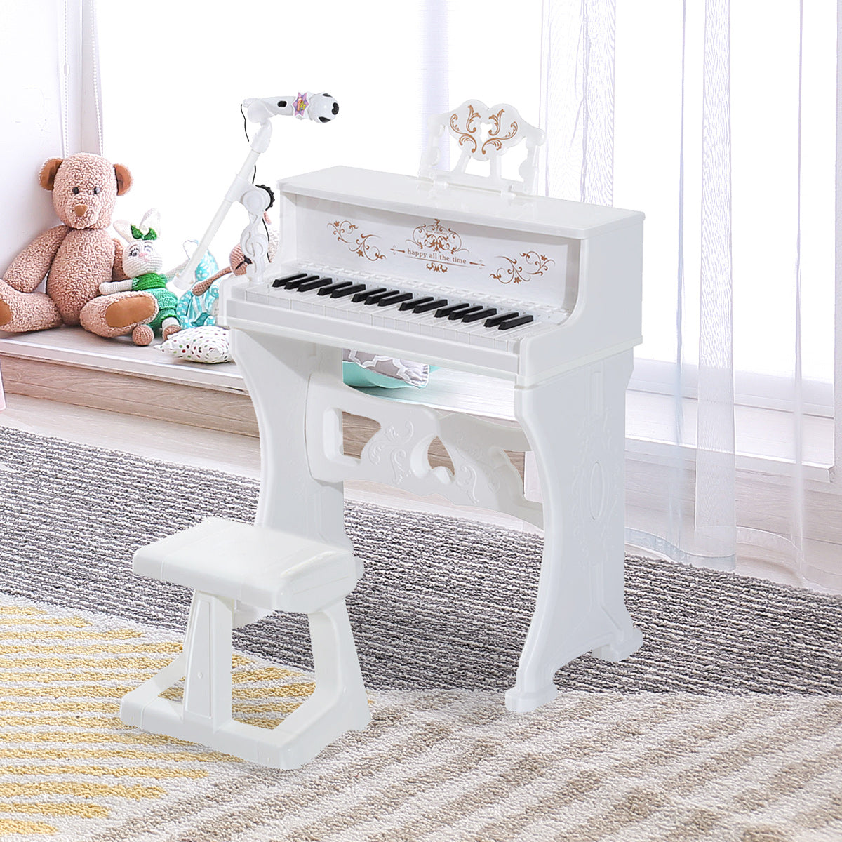 HOMCOM 37 Keys Kids Piano Mini Electronic Keyboard Light Kids Musical Instrument Educational Game Children Grand Piano Toy Set w/Stool & Microphone & Music Stand (White) 
