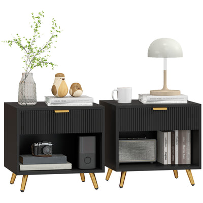 HOMCOM Elegant Bedside Table Set of 2, with Drawer and Shelf - Black/Gold Tone 