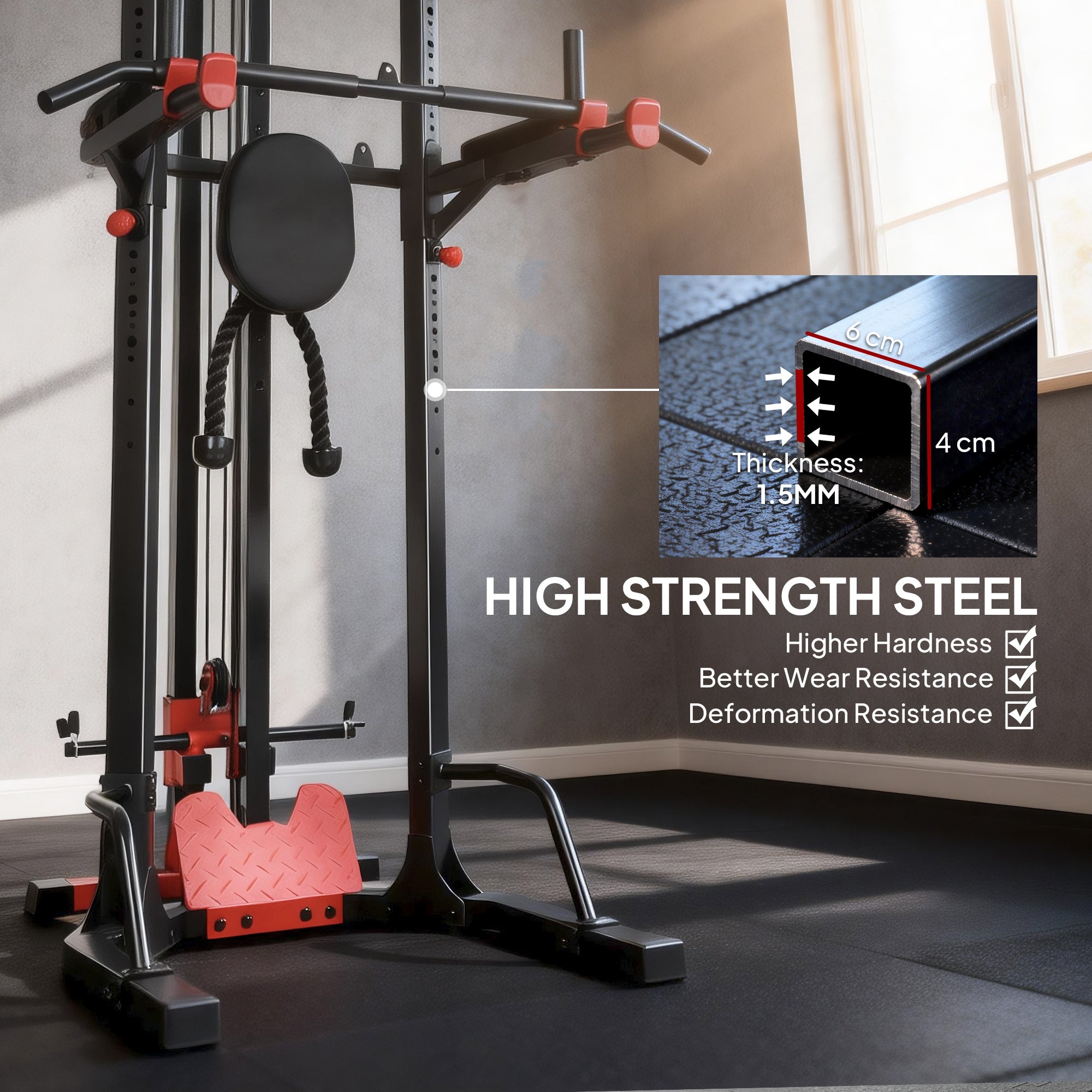 SPORTNOW Power Tower with Lat Pull Down Machine, Pull Up Bar, Dip Station, Adjustable Height Power Pack for Home Gym 