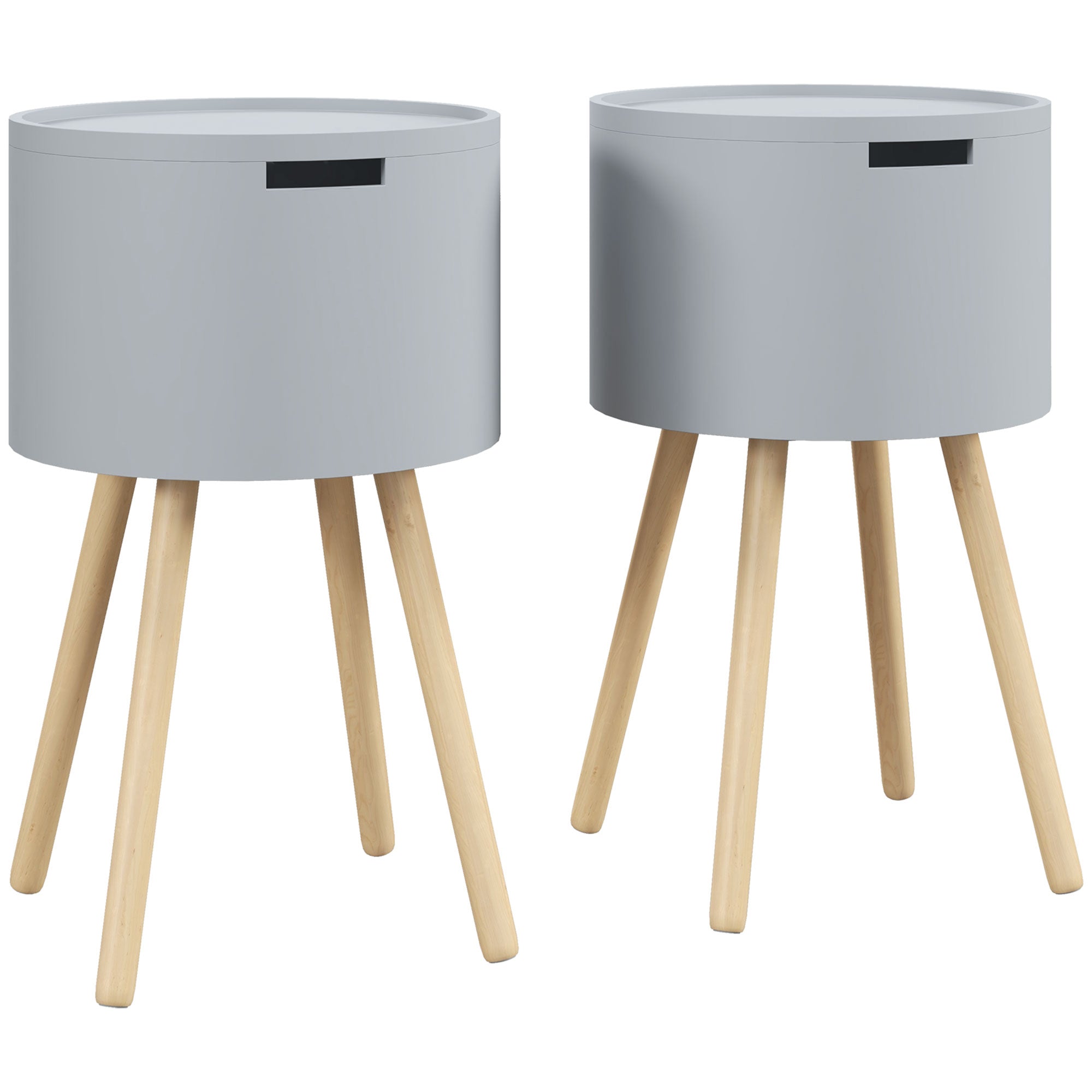 HOMCOM Modern Side Table with Hidden Storage Space, Round Night Stand with Removable Tray Wood Frame End Coffee Table for Living Room, Set of 2, Grey 