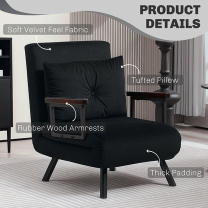 HOMCOM 4-in-1 Velvet-Feel Single Chair Bed, with Pillow - Black 