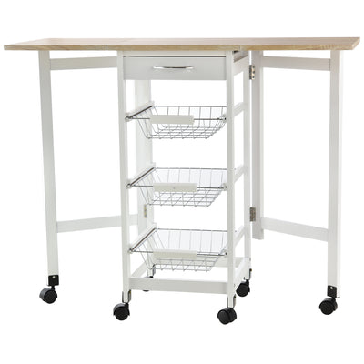 HOMCOM Drop-Leaf Kitchen Cart Trolley w/ 3 Baskets Drawer Surface Top 6 Universal Wheels Rolling Storage Unit Kitchen Home Dining Island White Oak Tone 